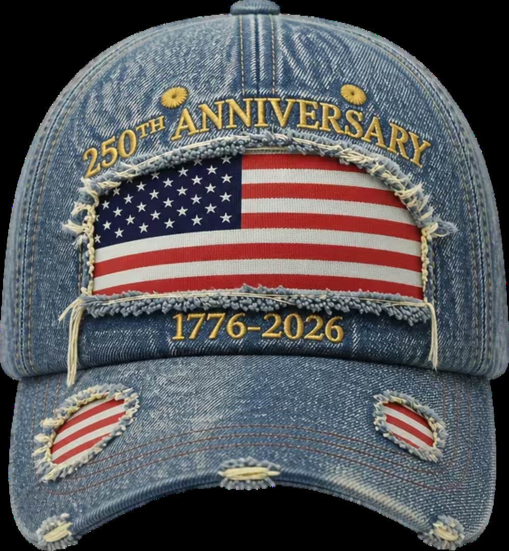 A distressed denim baseball cap with embroidered text and an American flag patch